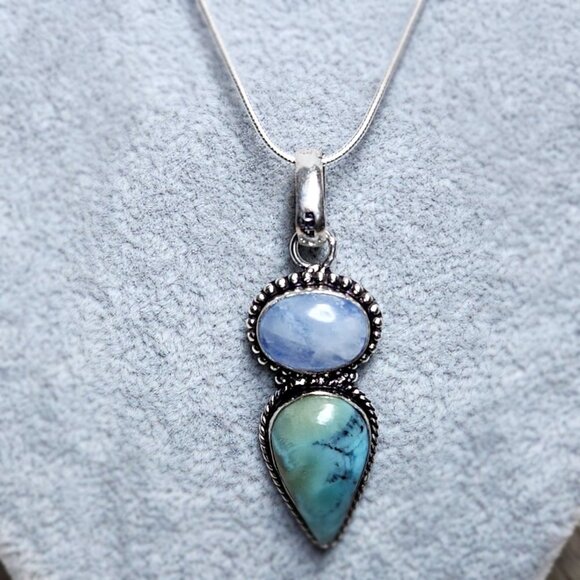 NEW HAND CRAFTED Natural Moonstone & Larimar 925 Hallmark Pendant - Picture 2 of 8